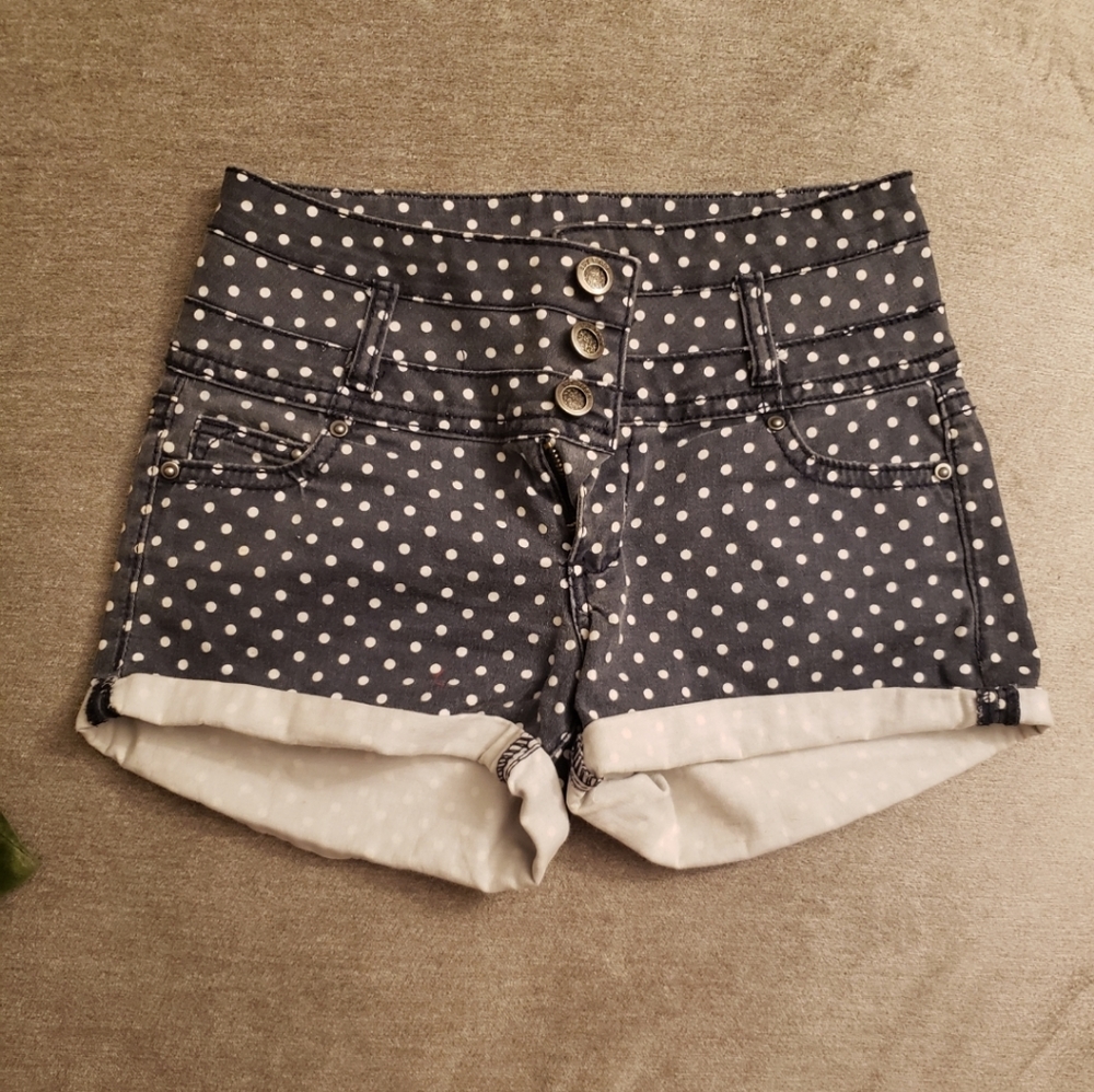 Navy Polka Dot Folded High Waist Jean Shorts